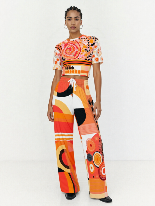 Sunset Springs Abstract 70s Print Eco-Poly Cropped Short Sleeve Pullover