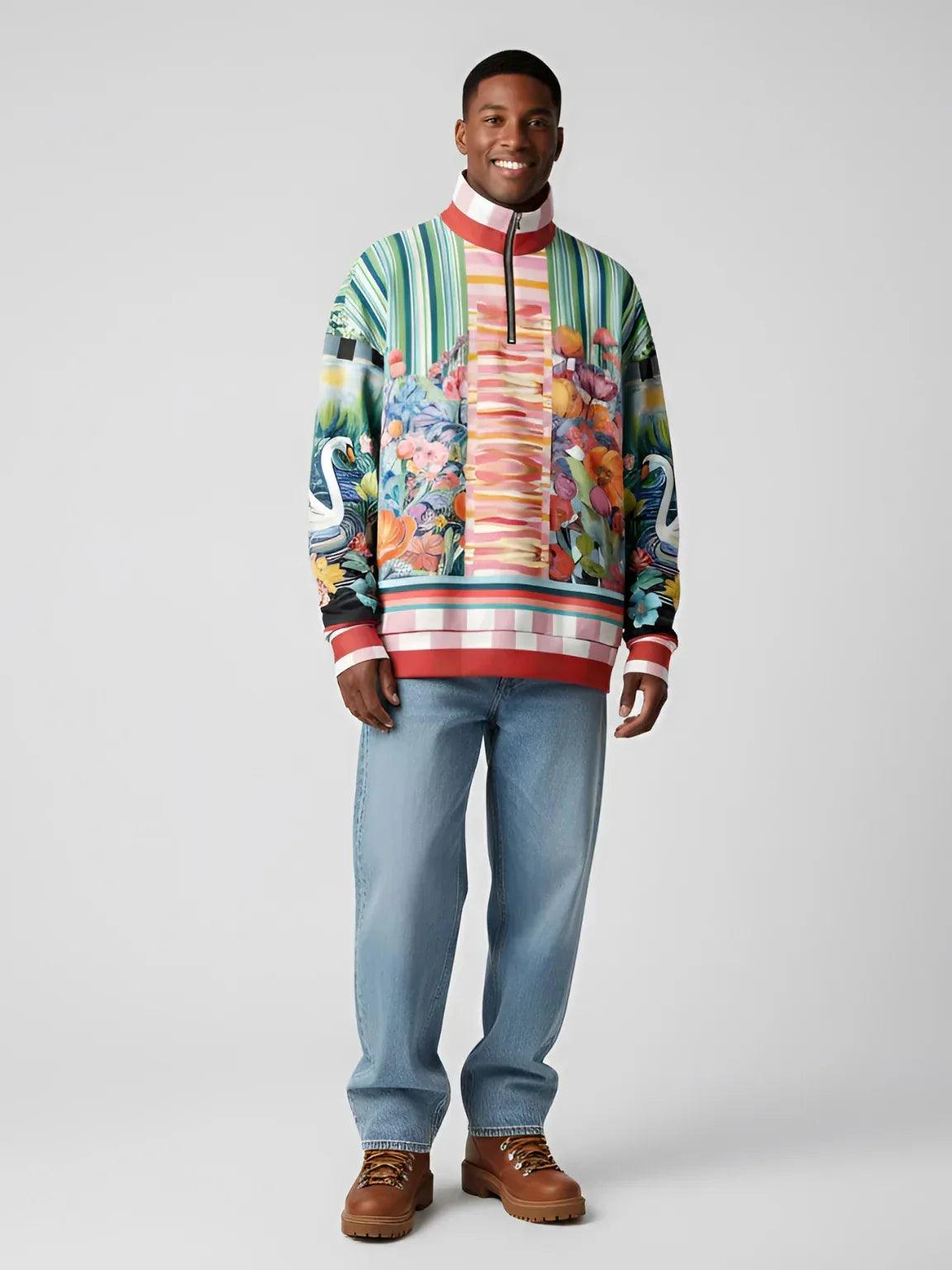Swan in Floral Isolation Striped Heavyweight Oversized Quarter Zip Sweatshirt