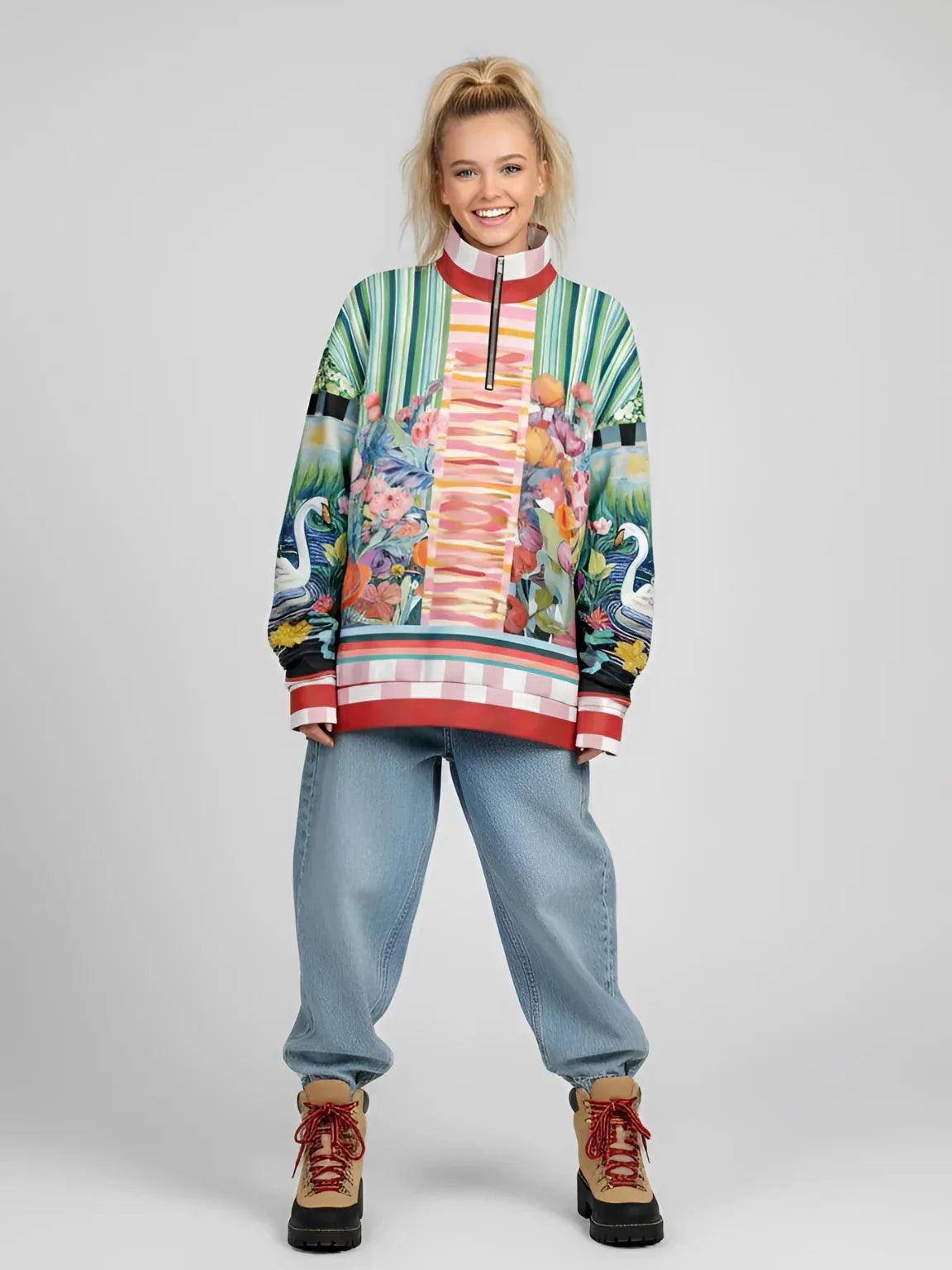 Swan in Floral Isolation Striped Heavyweight Oversized Quarter Zip Sweatshirt