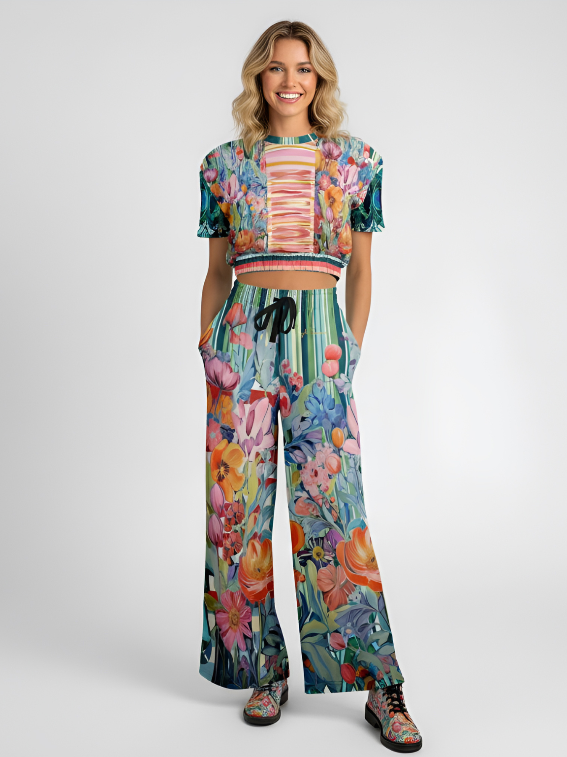 Swan in Floral Isolation Stripe Eco-Poly Short Sleeve Cropped Pullover