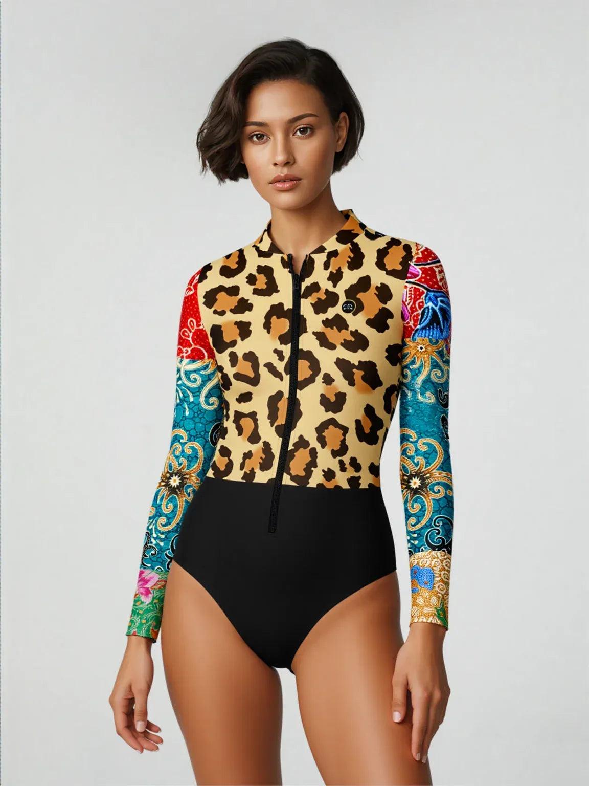 Sweet Clementine Leopard Batik Patchwork Long Sleeve Bodysuit