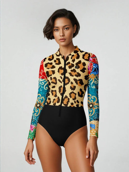 Sweet Clementine Leopard Batik Patchwork Long Sleeve Bodysuit