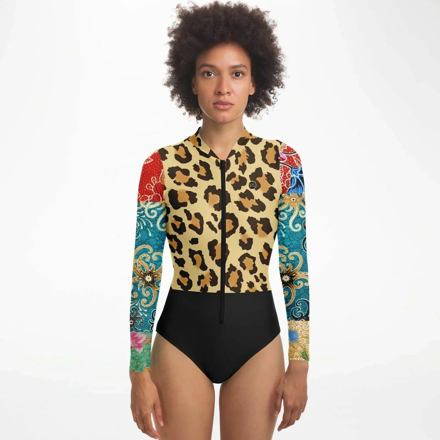 Sweet Clementine Leopard Batik Patchwork Long Sleeve Bodysuit