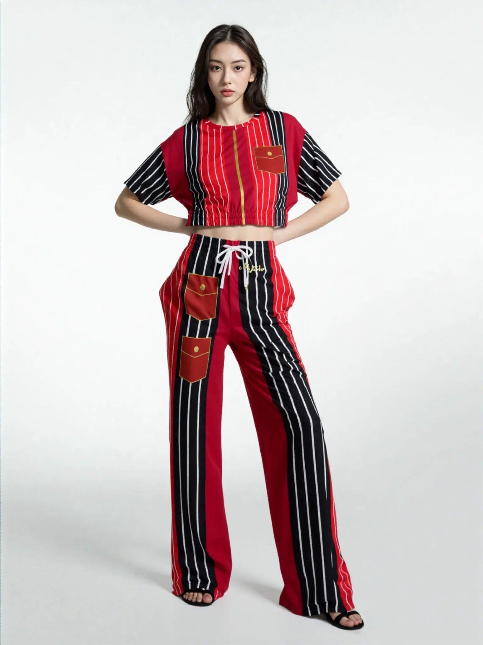 Switch Me Black in Pinstripes Eco-Poly Short Sleeve Cropped Pullover