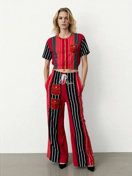 Switch Me Black in Pinstripes Eco-Poly Short Sleeve Cropped Pullover