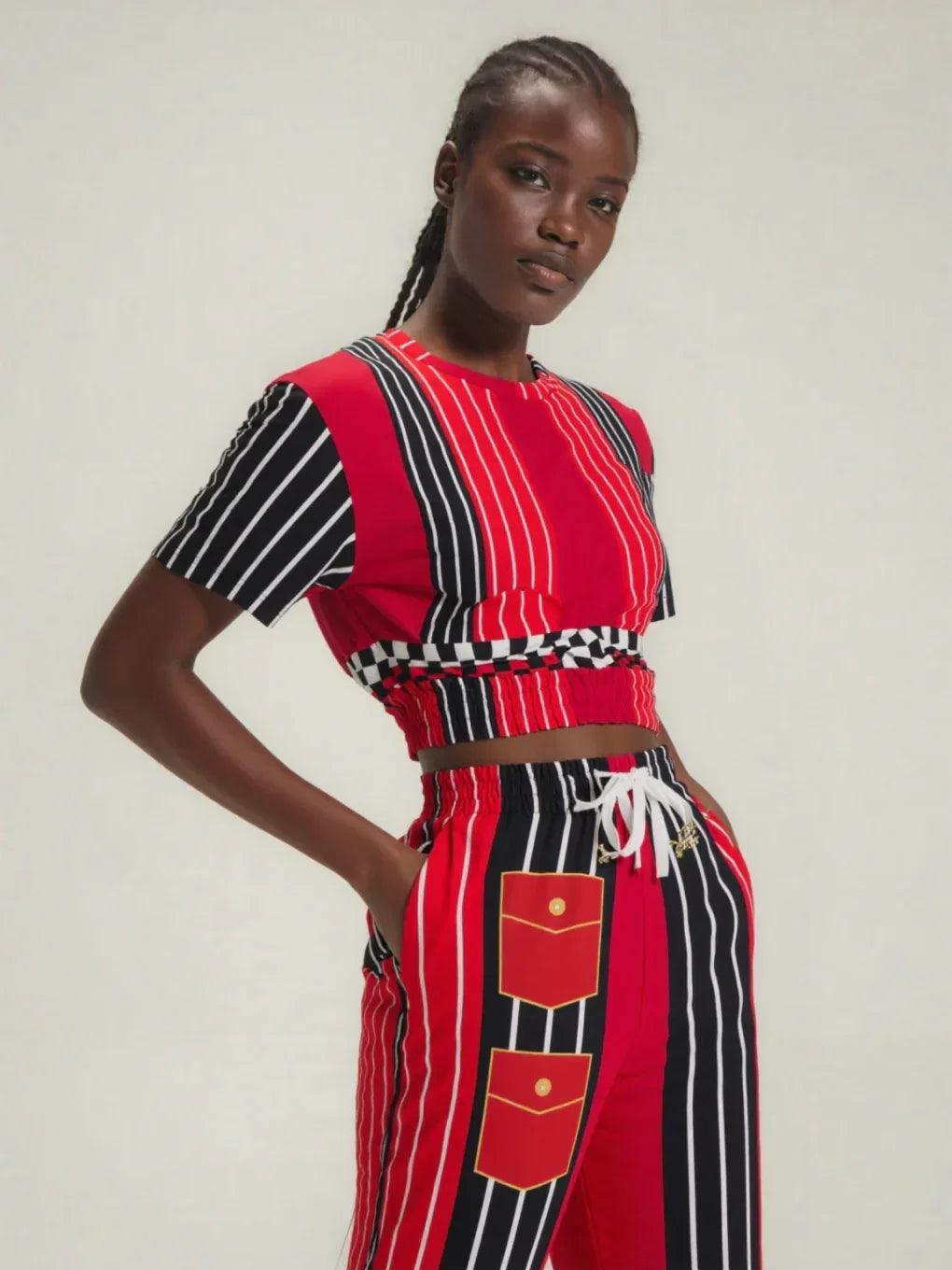 Switch Me Black in Pinstripe Checkers Eco-Poly Short Sleeve Cropped Pullover