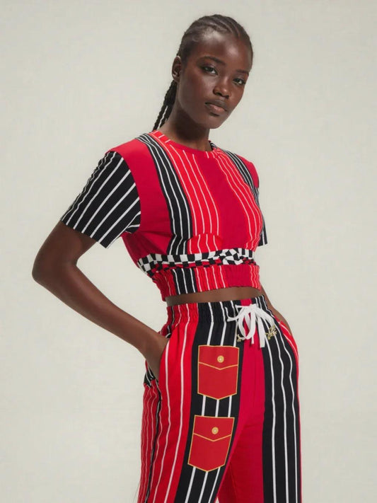 Switch Me Black in Pinstripe Checkers Eco-Poly Short Sleeve Cropped Pullover