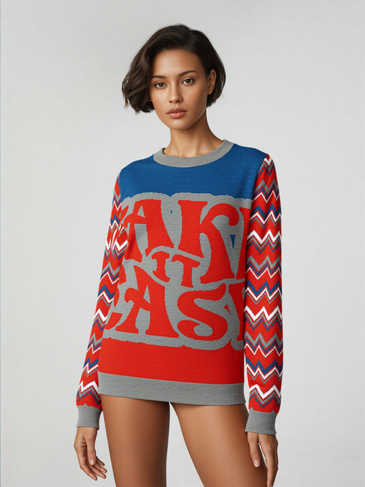 Take it Easy in Blue and Red Knitted Crewneck Sweater