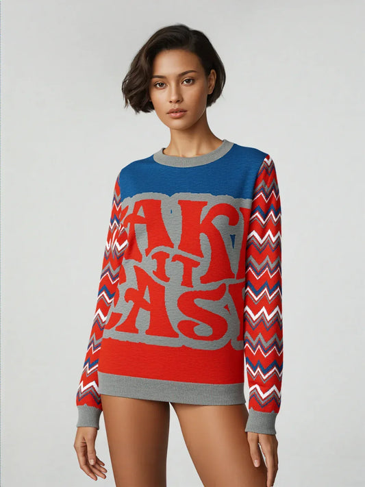 Take it Easy in Blue and Red Knitted Crewneck Sweater