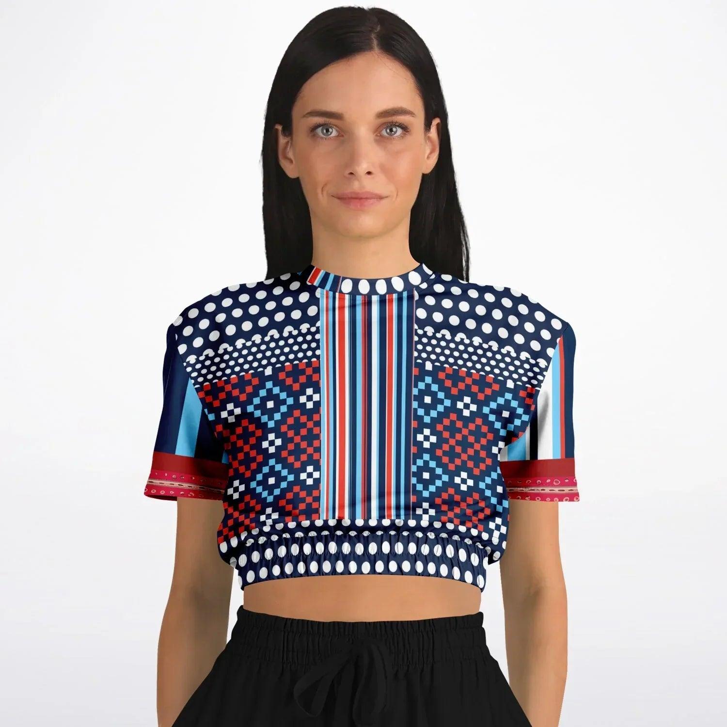 Tale of Two Cities Polka Dot Abstract Print Eco-Poly Short Sleeve Cropped Pullover