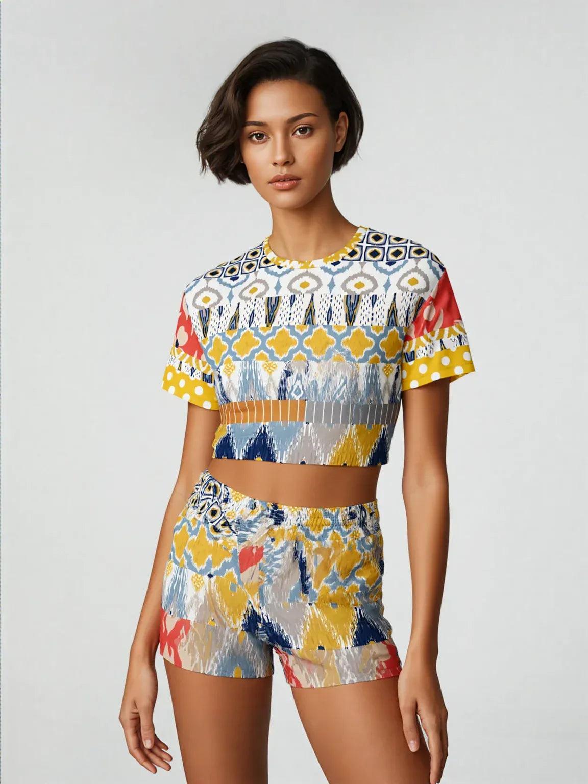 Tallulah Bankhead Elevate Patchwork Short Sleeve Cropped Eco-Poly Sweater