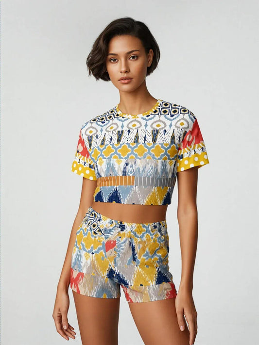 Tallulah Bankhead Elevate Patchwork Short Sleeve Cropped Eco-Poly Sweater