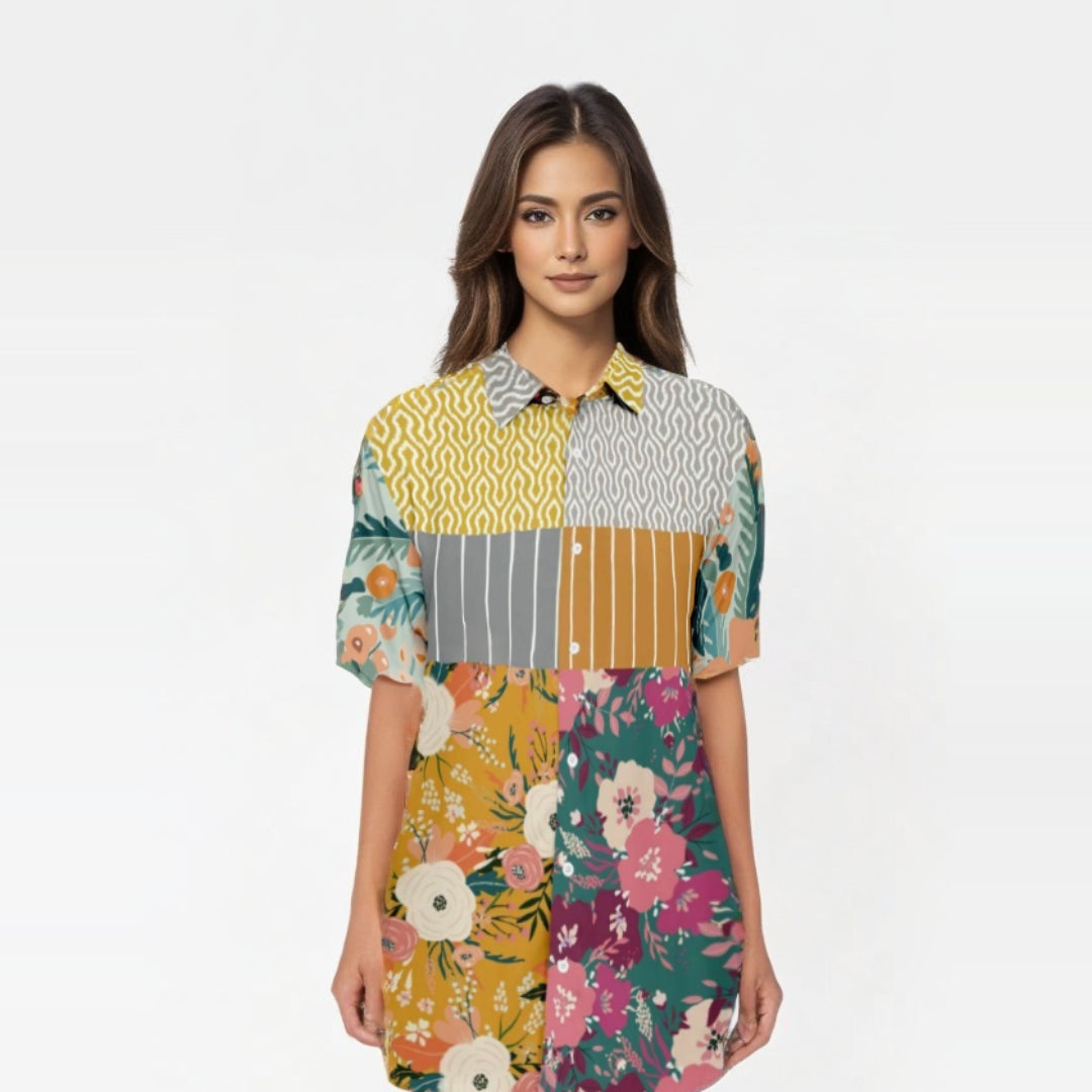 Tallulah Bankhead Floral Ikat Patchwork Short Sleeve Button Down Shirt