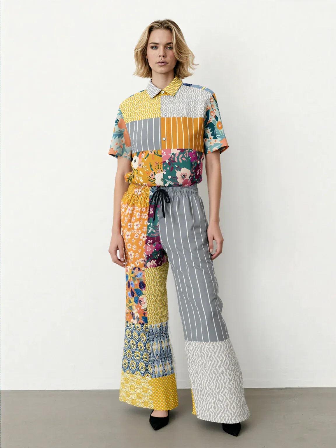 Tallulah Bankhead Floral Ikat Patchwork Short Sleeve Button Down Shirt