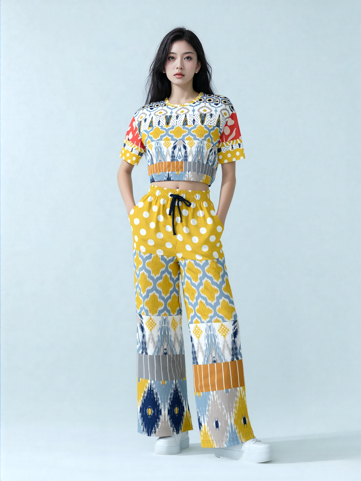 Tallulah Bankhead Ikat Polka Dot Eco-Poly Wide Leg Pants