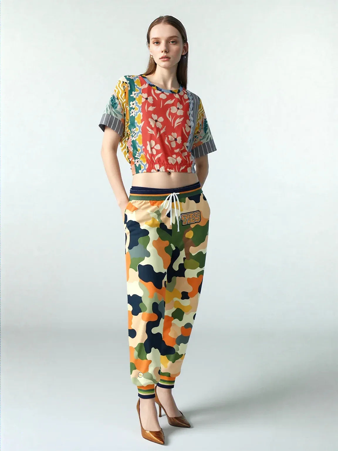 Tallulah Bankhead Yellow Patchwork Short Sleeve Cropped Pullover