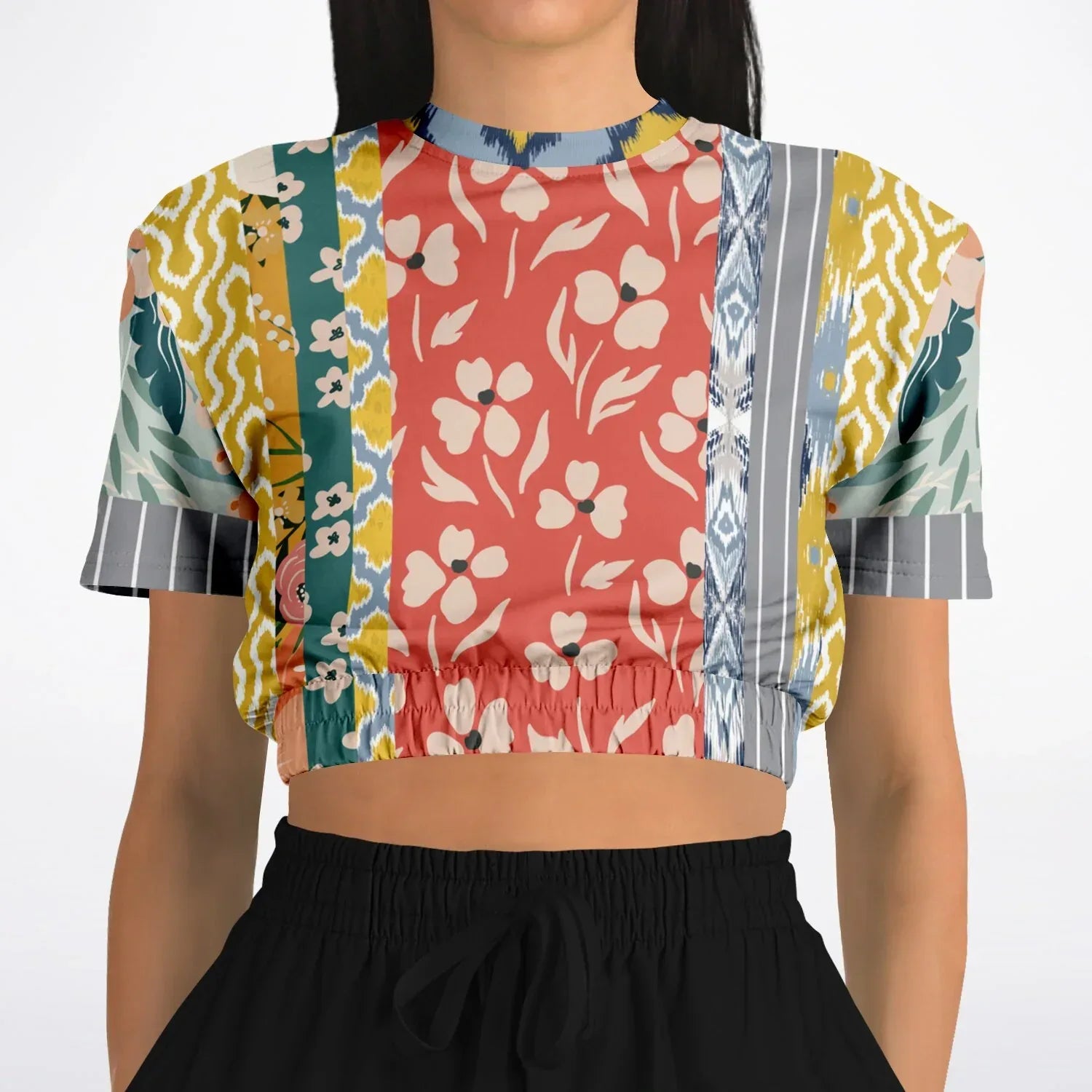 Tallulah Bankhead Yellow Patchwork Short Sleeve Cropped Pullover