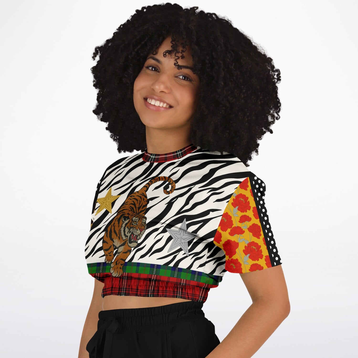 Tartan is the New Camo Tiger Print Eco-Poly Short Sleeve Cropped Pullover