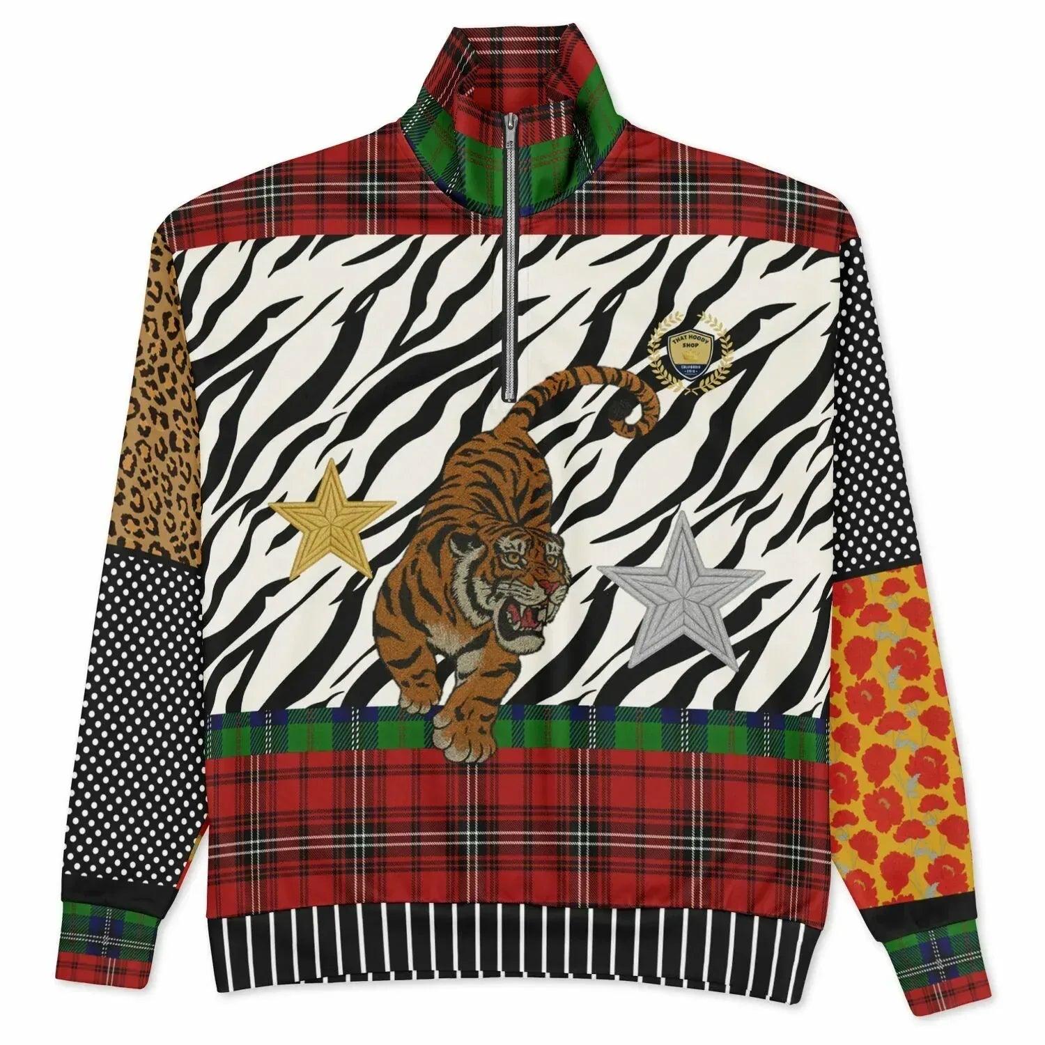 Tartan is the New Camo in Duo Plaid Tiger Print Heavyweight Oversized Quarter Zip Sweatshirt