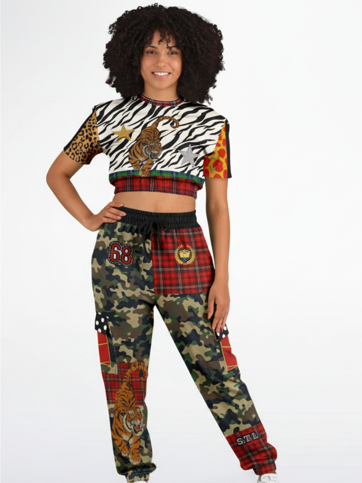 Tartan is the New Camo in Duo Plaid Tiger Print Eco-Poly Cargo Joggers