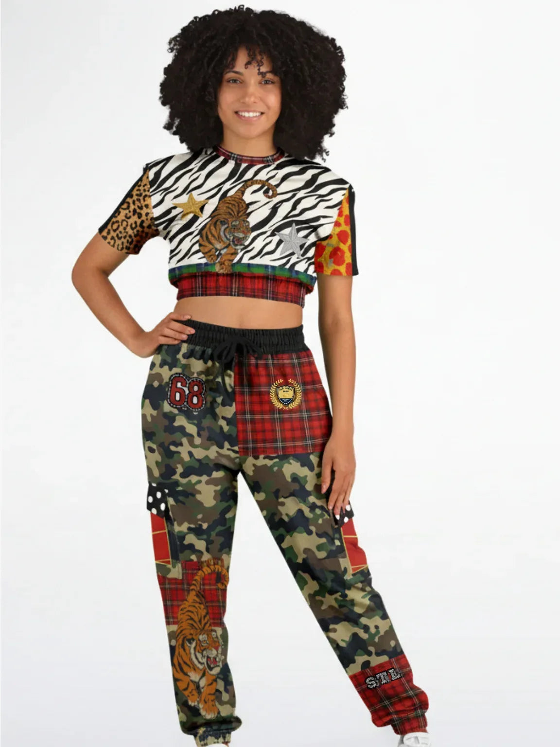 Tartan is the New Camo in Duo Plaid Tiger Print Eco-Poly Cargo Joggers