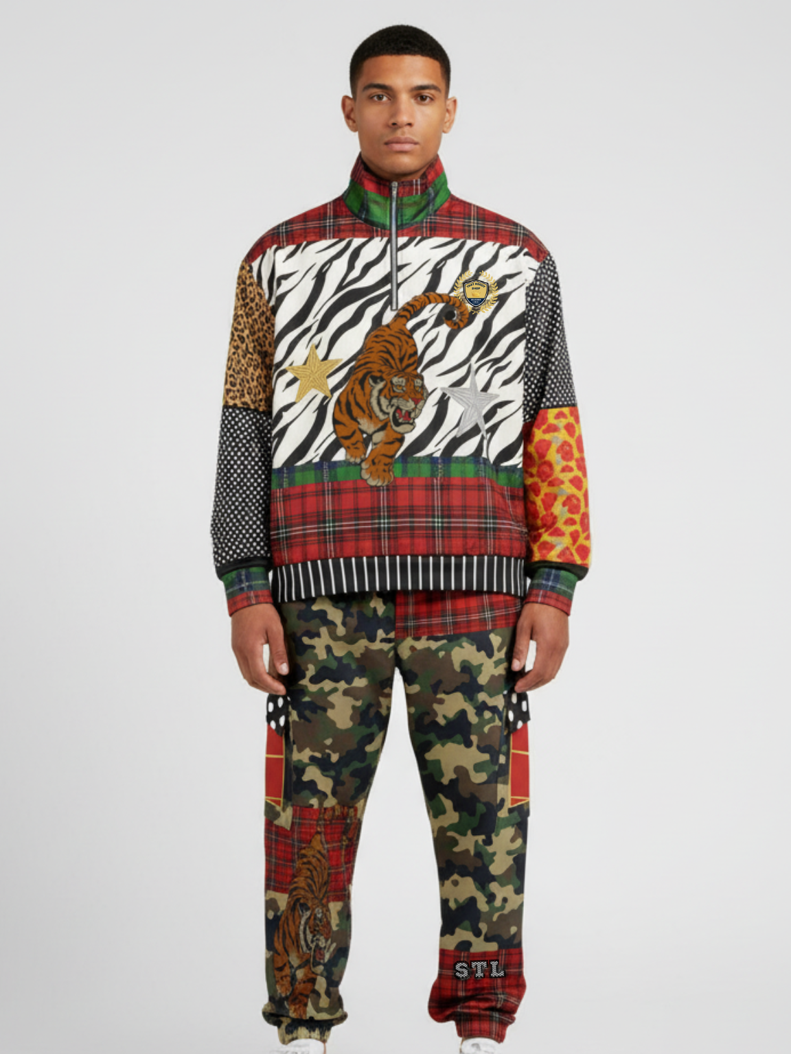 Tartan is the New Camo in Duo Plaid Tiger Print Eco-Poly Cargo Joggers