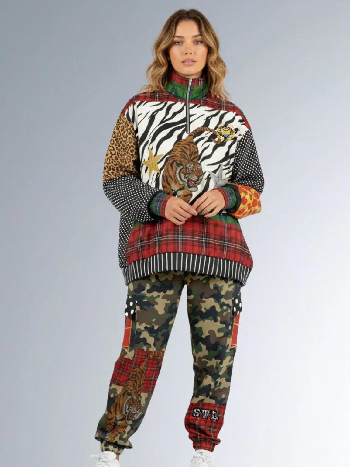 Tartan is the New Camo in Duo Plaid Tiger Print Heavyweight Oversized Quarter Zip Sweatshirt