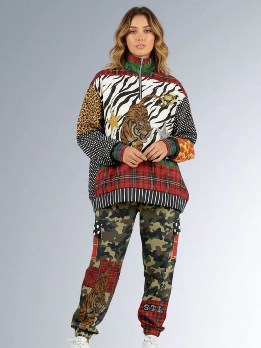 Tartan is the New Camo in Duo Plaid Tiger Print Heavyweight Oversized Quarter Zip Sweatshirt