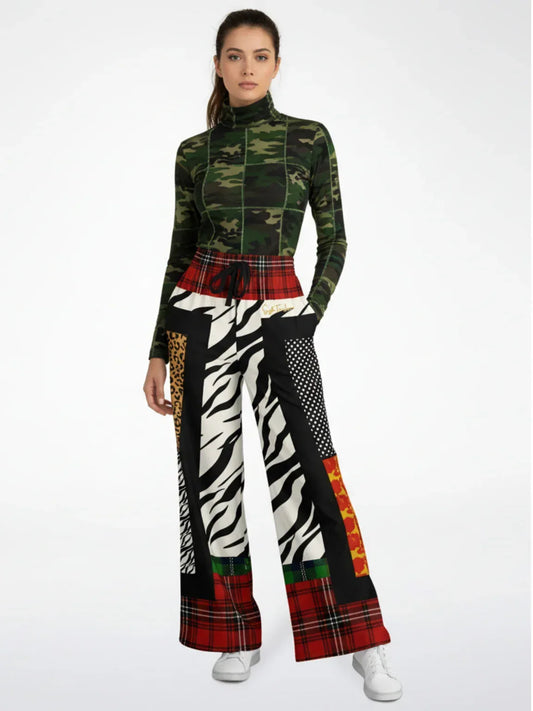 Tartan is the New Camo in Zebra Patchwork Eco-Poly Wide Leg Pants