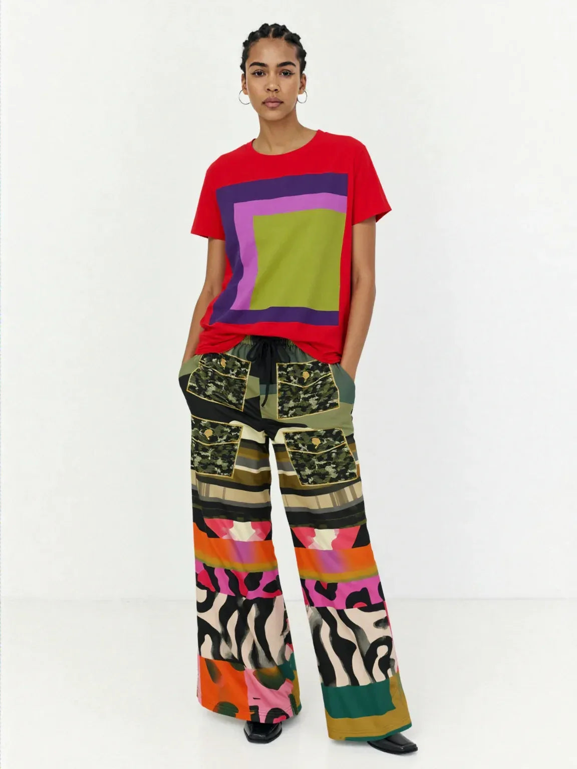 Faces of Medusa Patchwork Print Eco-Poly Wide Leg Pants