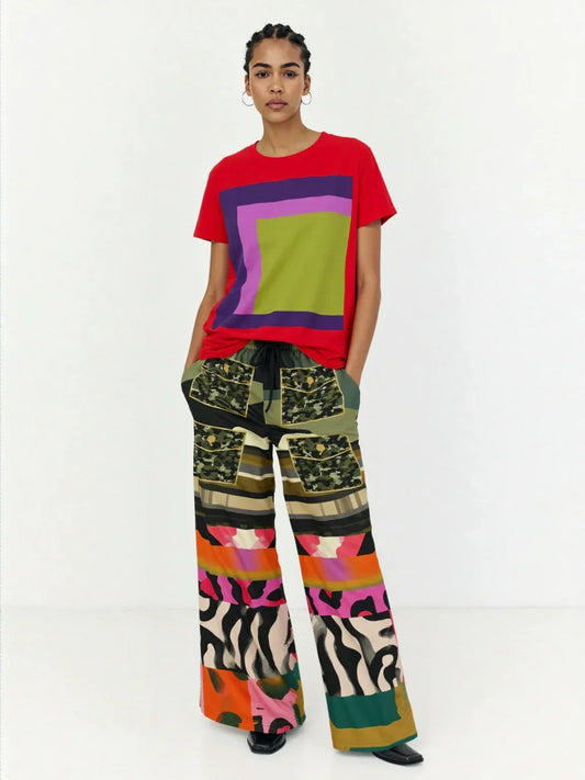 Faces of Medusa Patchwork Print Eco-Poly Wide Leg Pants