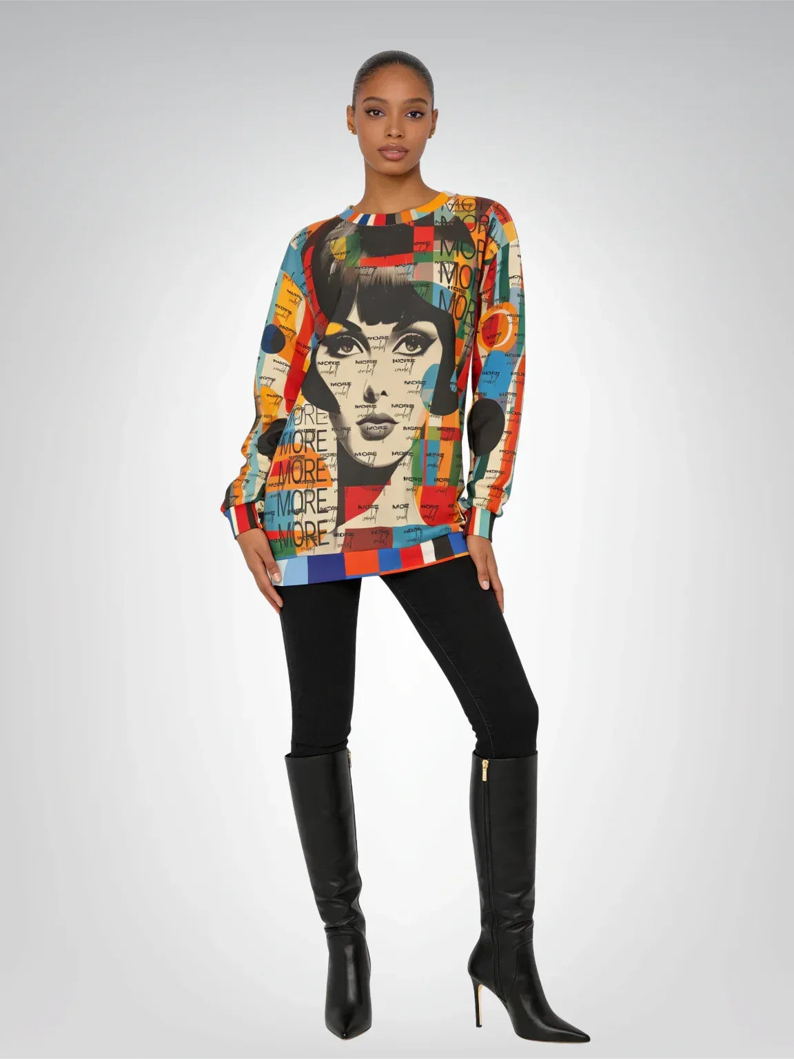 Pop art Beatnik Girl graphic sweatshirt styled with black leggings and black knee-high boots