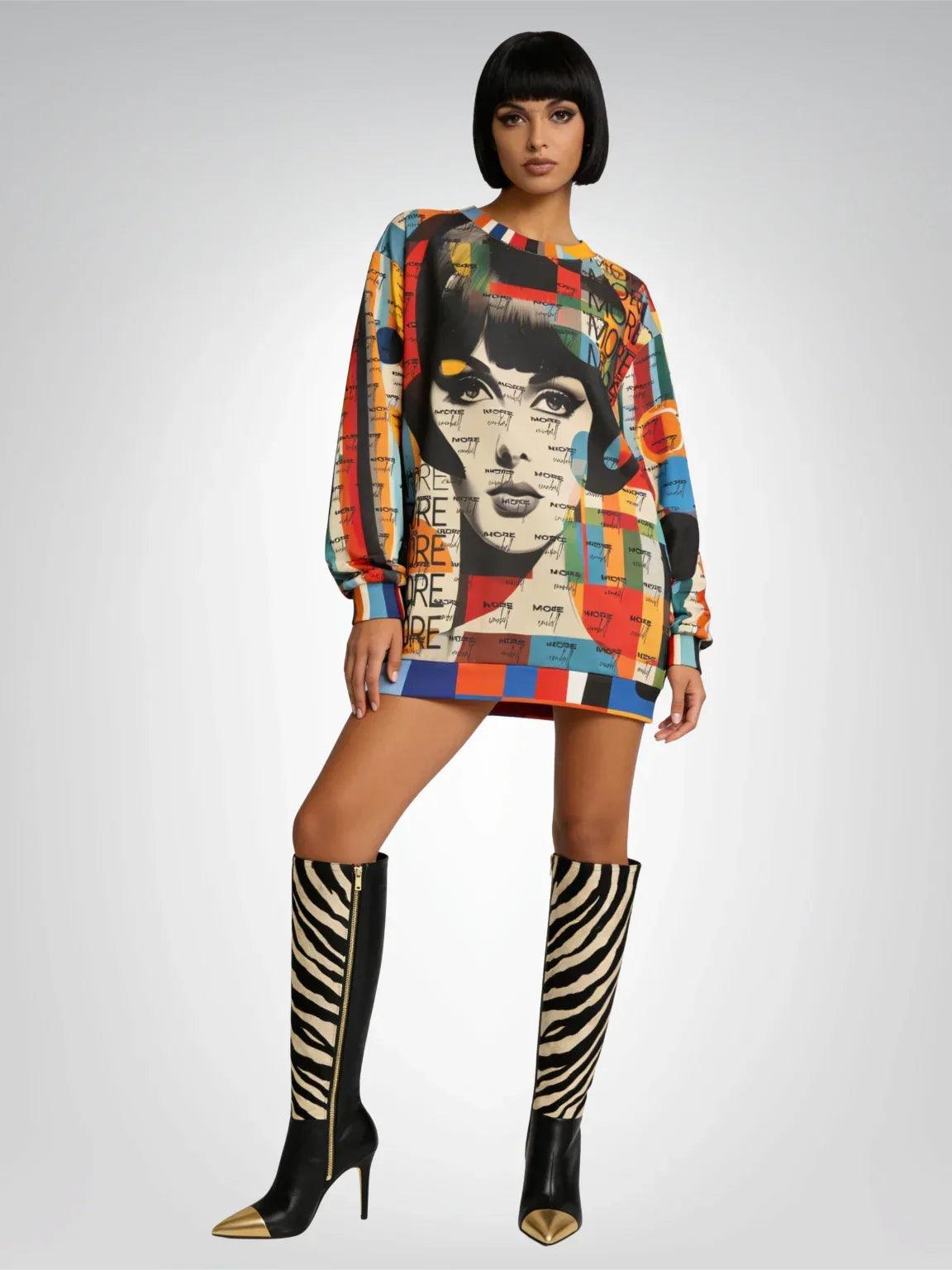 Pop art Beatnik Girl graphic sweatshirt styled as a dress with zebra boots