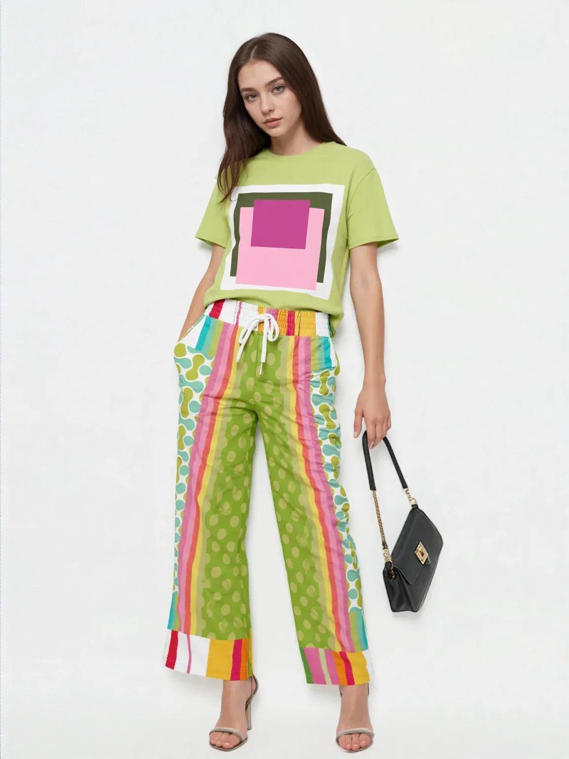 Green Anjou Pear Hobo Patchwork Eco-Poly Wide Leg Pants