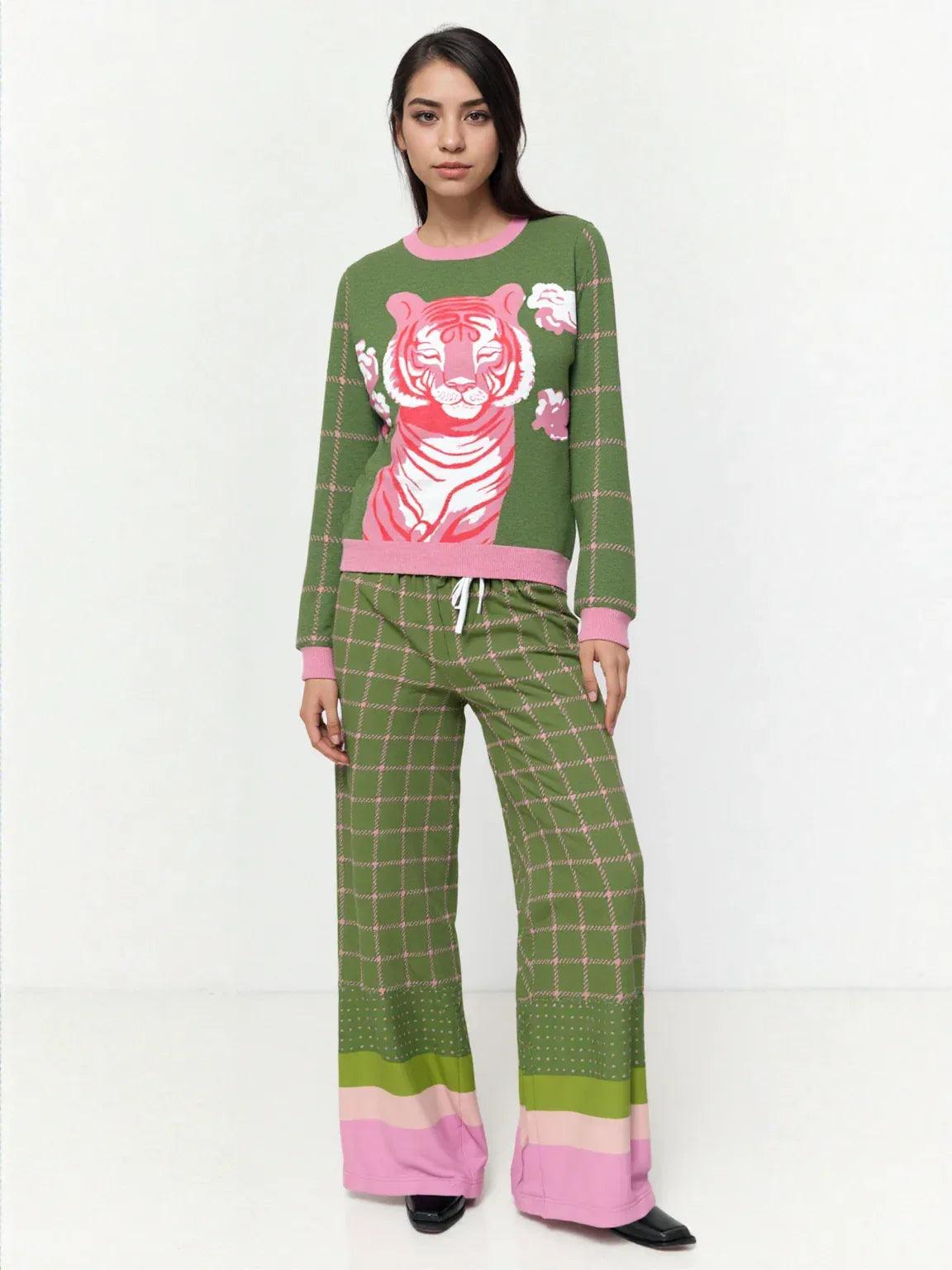 Tiger at Peace in Green Hopscotch Windowpane Knitted Crewneck Sweater