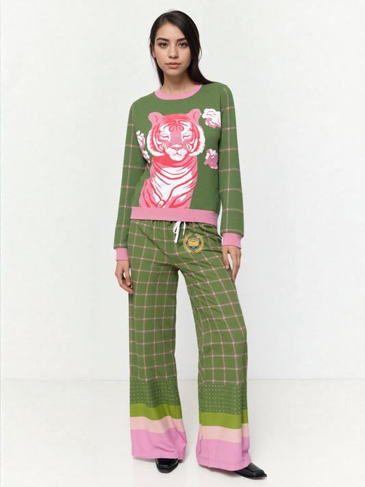 Hopscotch in Green Windowpane Plaid Eco-Poly Wide Leg Pants