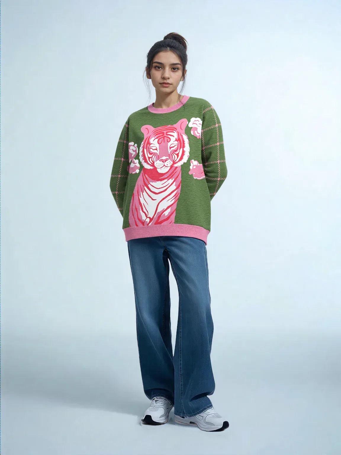 Tiger at Peace in Green Hopscotch Windowpane Knitted Crewneck Sweater
