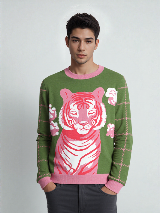Tiger at Peace in Green Hopscotch Windowpane Knitted Crewneck Sweater