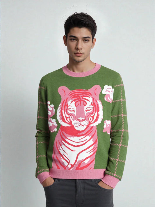 Tiger at Peace in Green Hopscotch Windowpane Knitted Crewneck Sweater