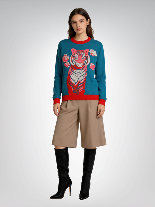 Tiger at Peace in Teal Knitted Crewneck Sweater