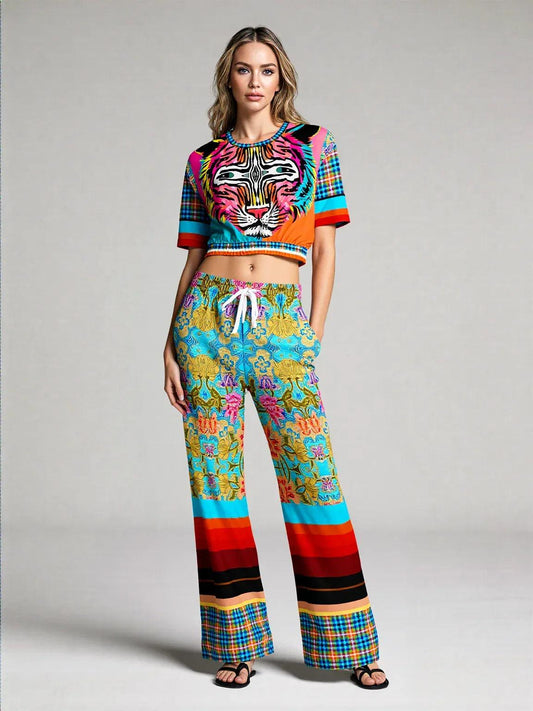 Tiger in Colorful Carnivale Rugby Stripe Eco-Poly Wide Leg Pants