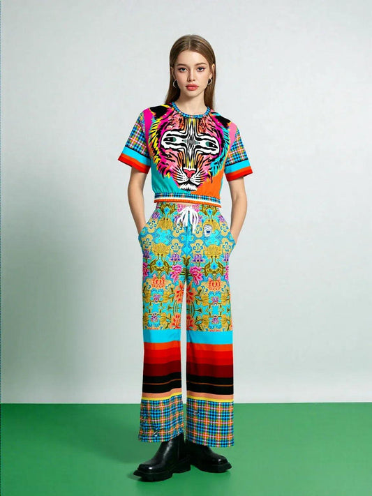 Tiger in Colorful Carnivale Rugby Stripe Eco-Poly Wide Leg Pants