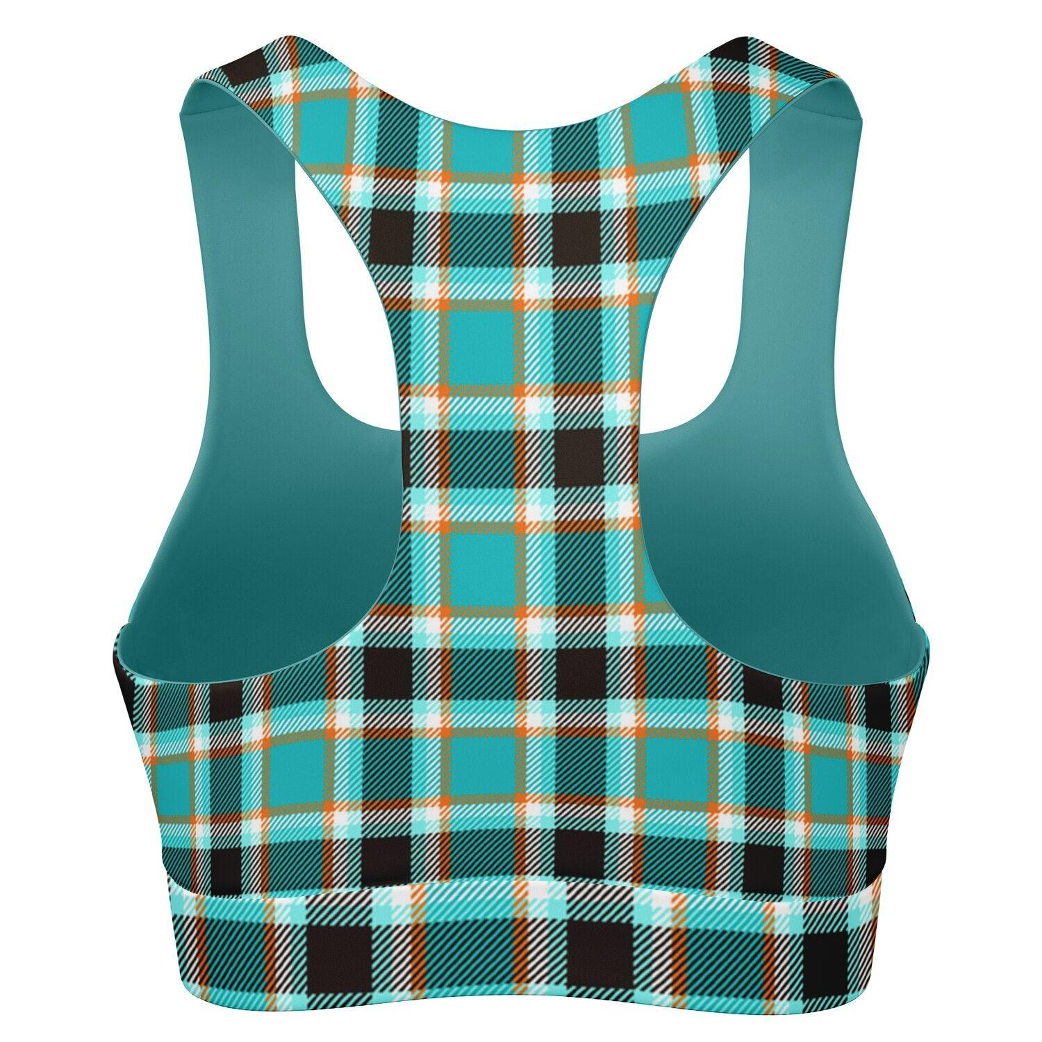 Turquoise is a Plaid Padded Sports Bra