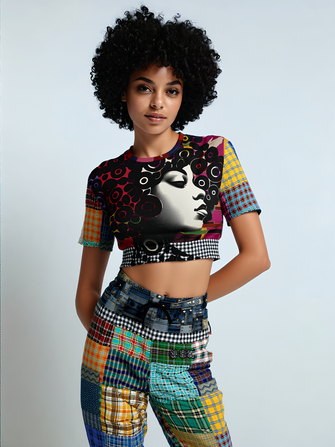 Black Queen in Afrocentric Technicolor Plaid and Denim Patchwork Eco-Poly Cargo Joggers