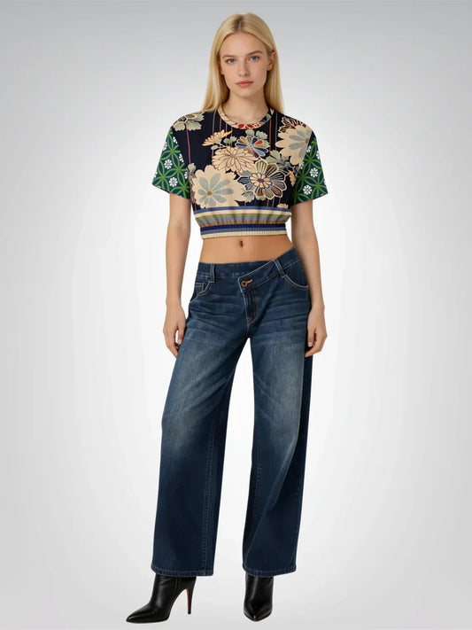 Vacation in Nantucket Floral Eco-Poly Short Sleeve Cropped Pullover