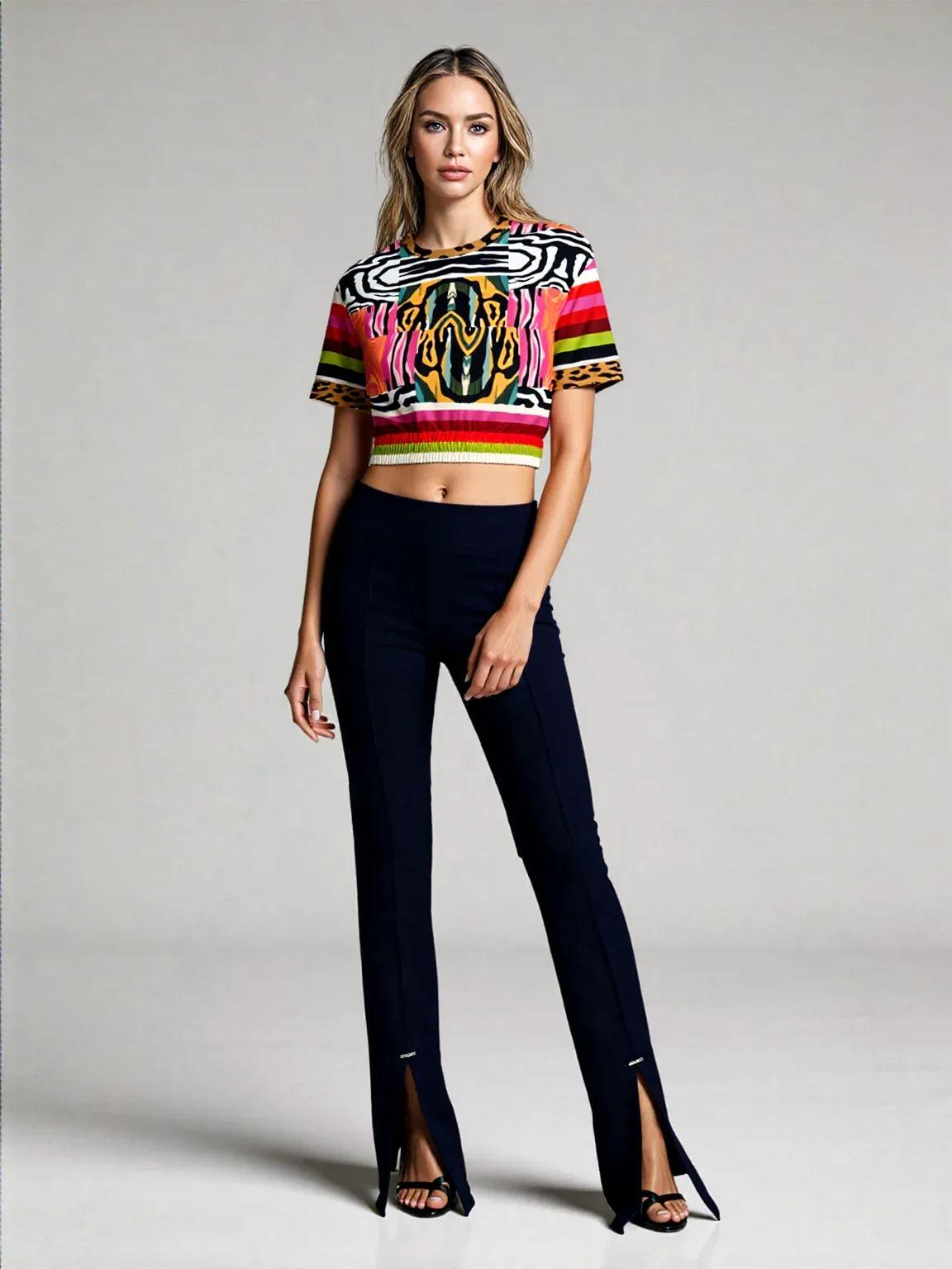 Walk on the Wild Side Abstract Zebra Print Eco-Poly Short Sleeve Cropped Pullover