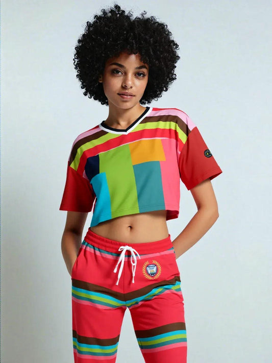 Watermelon Crush Rugby Stripe Eco-Poly V-Neck Crop Jersey