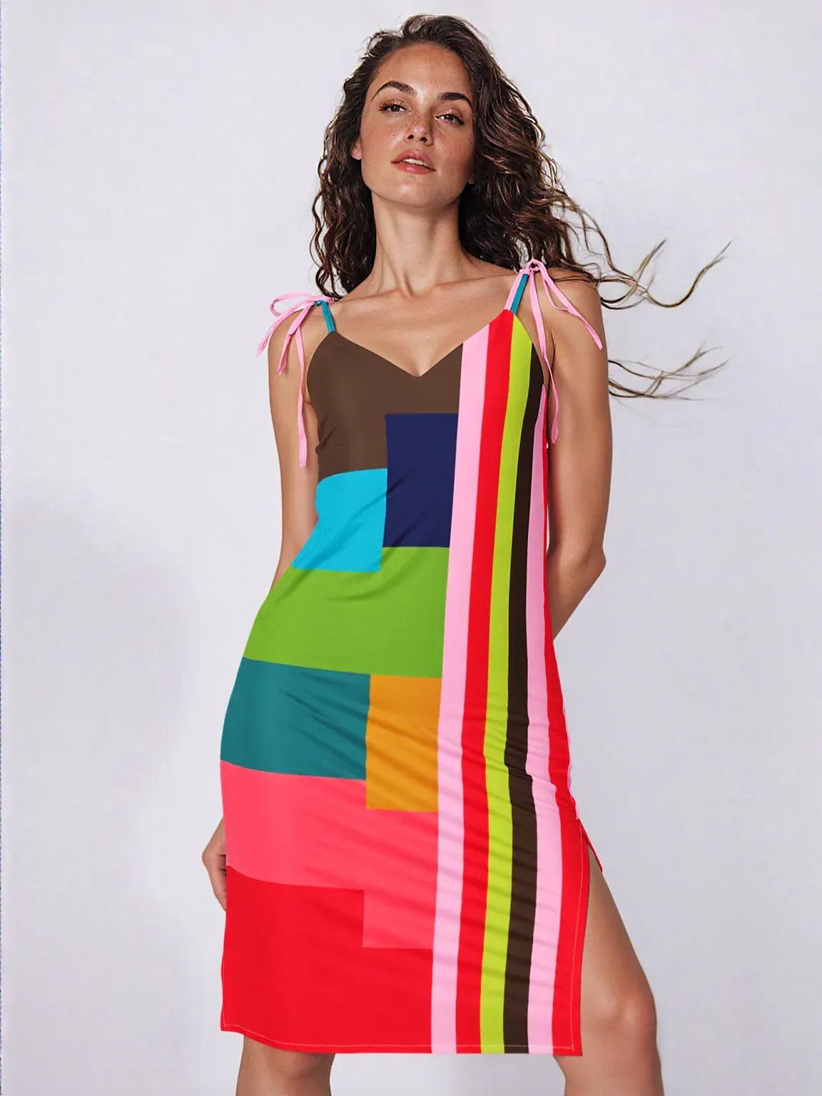 Watermelon Rugby Stripe Chiffon Tie-strap Midi Dress