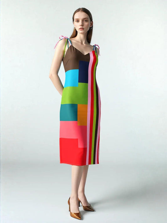 Watermelon Rugby Stripe Chiffon Tie-strap Midi Dress