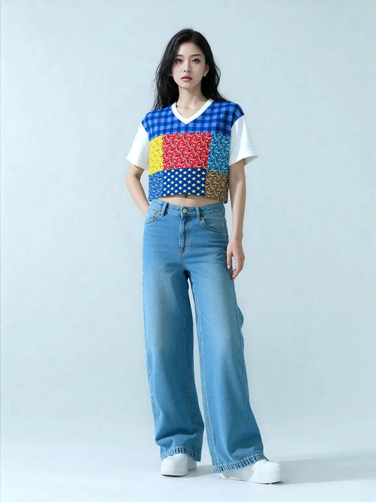Western Edition Bandana Patchwork Eco-Poly V-Neck Crop Jersey
